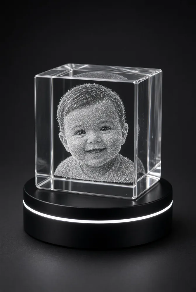 Baby photo laser-etched inside a 3D crystal cube glowing on an LED base