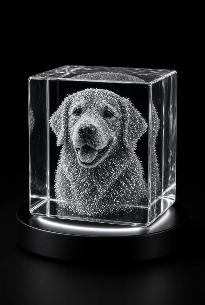 Golden retriever photo etched inside a 3D crystal cube on an LED light base