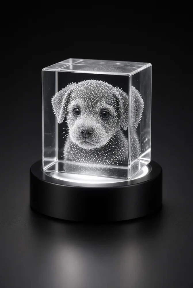 Puppy photo etched inside a crystal cube on a glowing LED base