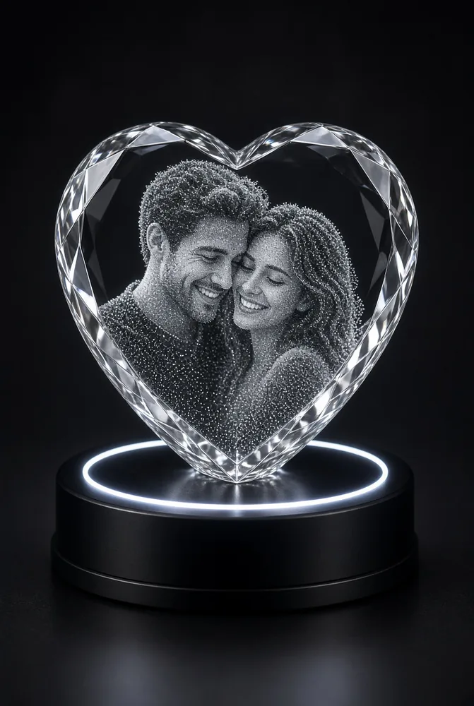 Couple photo engraved inside a crystal heart on an LED base