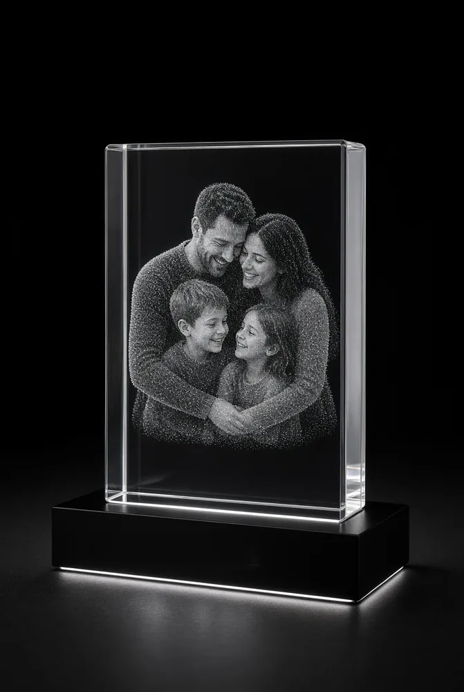 Family photo etched in a crystal rectangle block lit from below