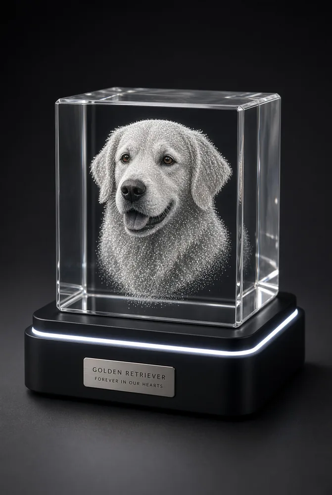 Golden retriever portrait etched in a crystal block on a glowing LED base
