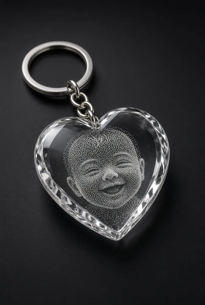 Heart-shaped crystal photo keychain with a laughing baby photo