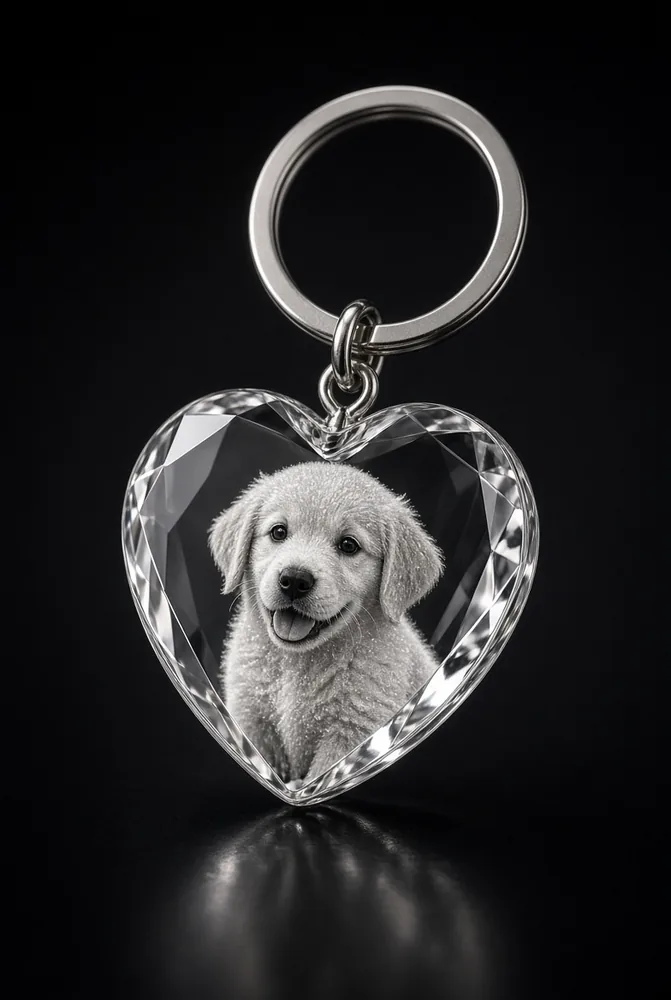 Heart-shaped crystal keychain with a puppy photo inside